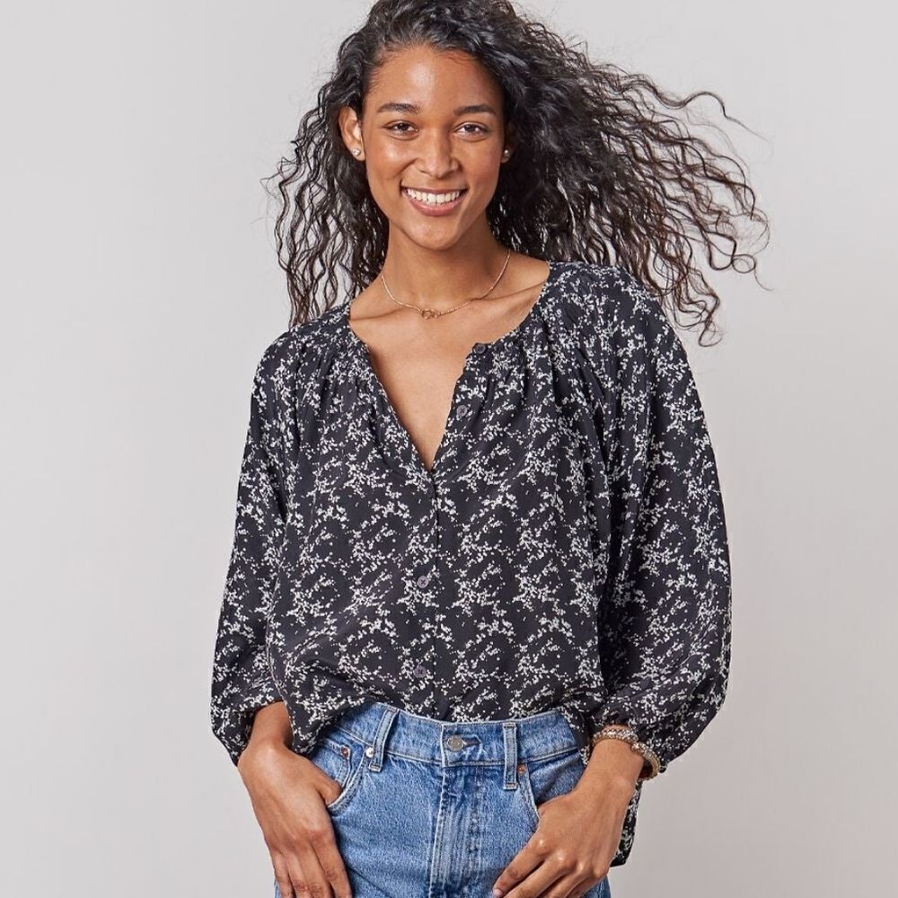 Tucker Classic Blouse Black Love Duet in Silk Crepe de Chine Long Sleeves Top